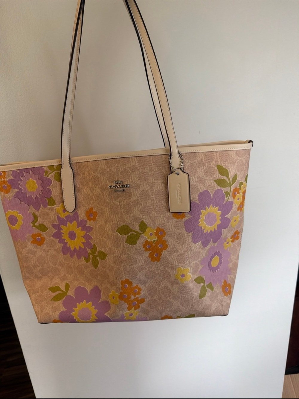 Coach Pink Floral Signature Tote with Cream Trim
